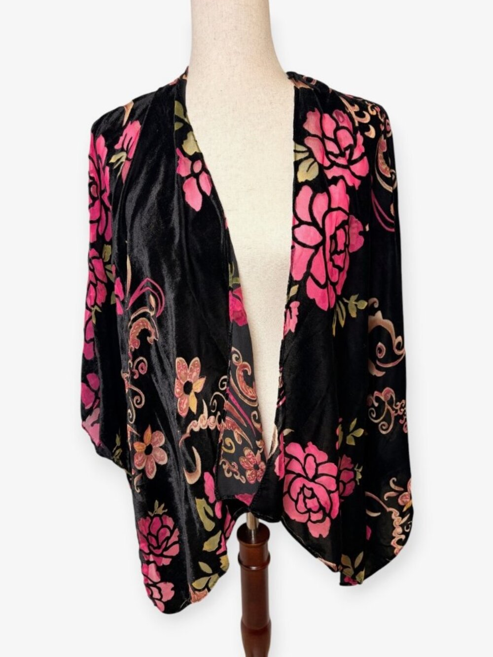 Woven Heart Black Pink Floral Burnout Velvet High Low Kimono One Size